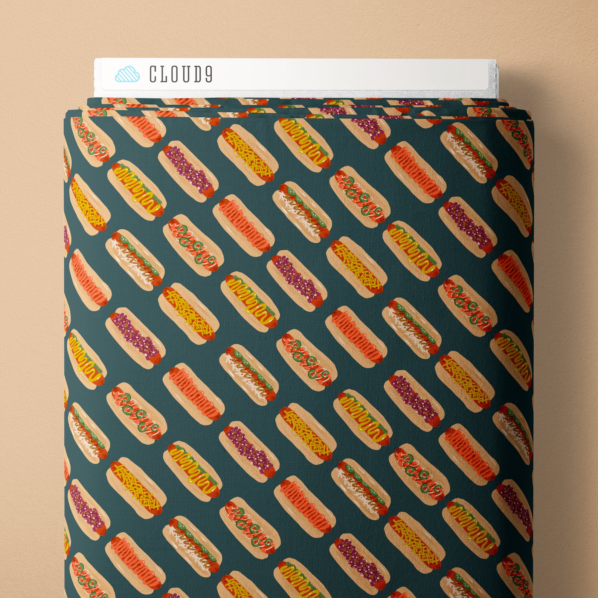 Fabric with hot dog pattern on a beige background