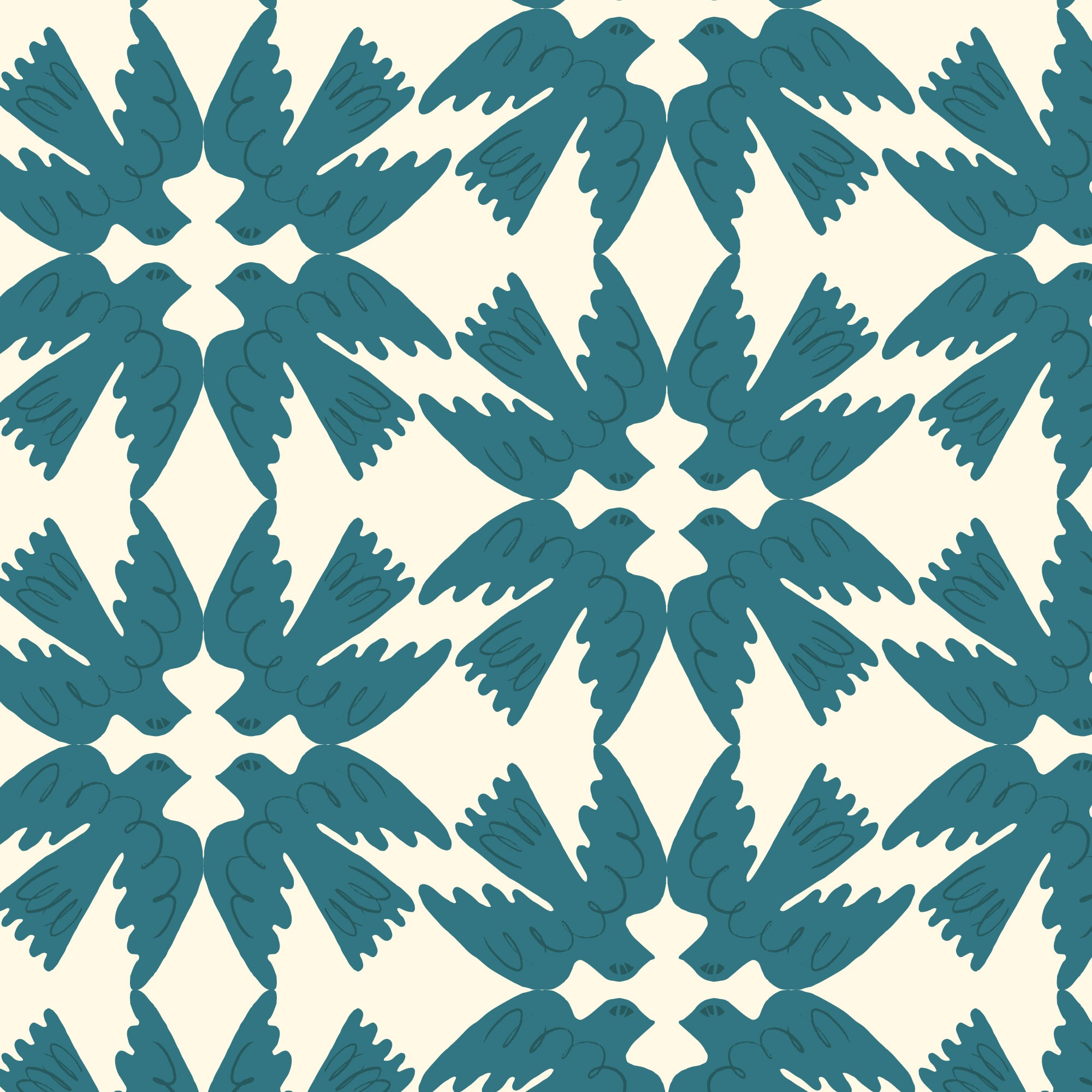 A repeating pattern of stylized teal birds arranged in a symmetrical diamond layout on a warm cream background.