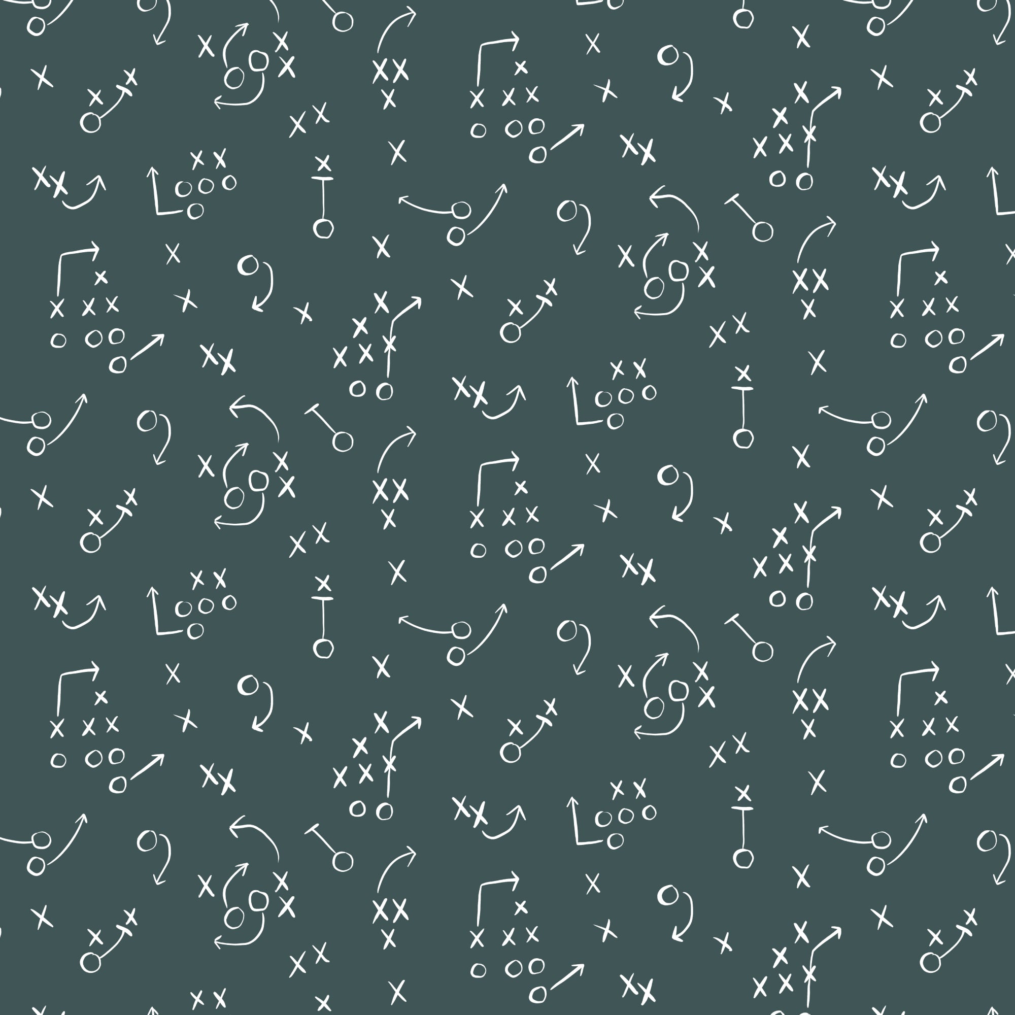 Pattern of football play diagrams on a dark green background