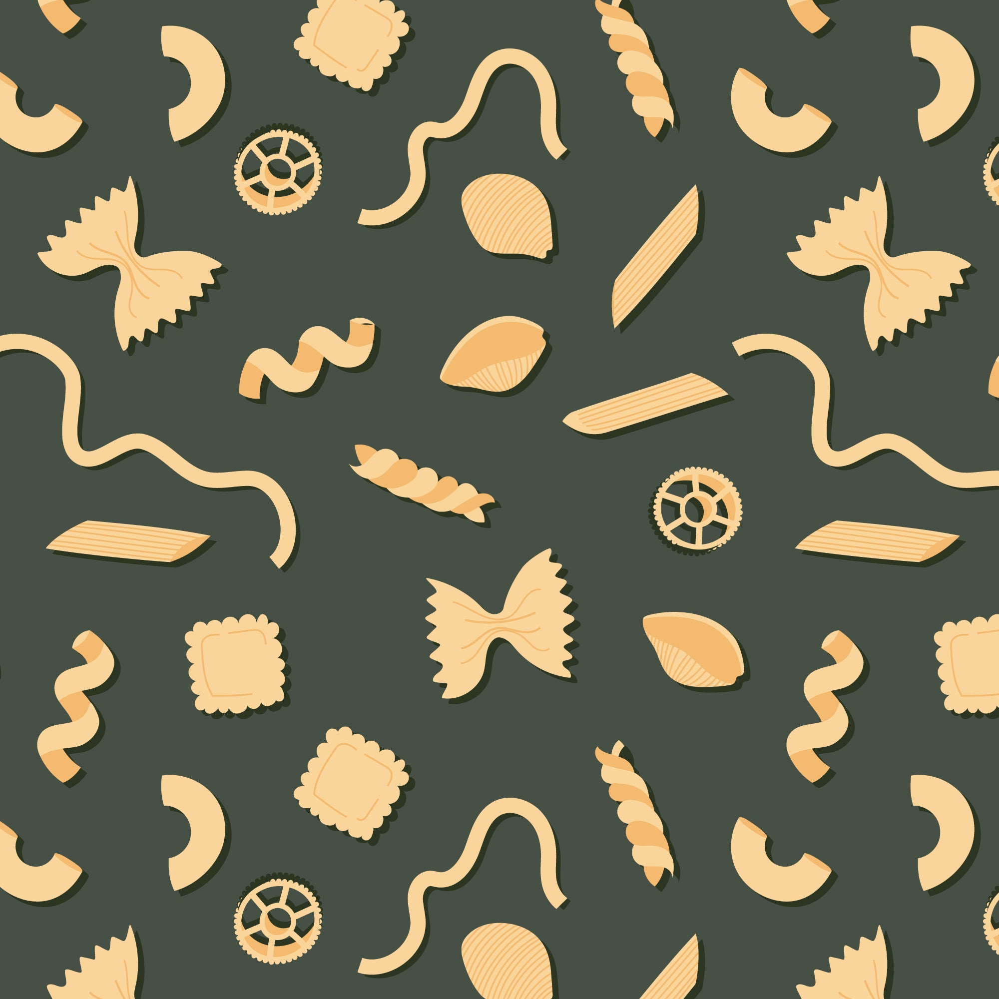A repeating pattern of various pasta shapes in a light beige color, arranged on a dark olive green background.
