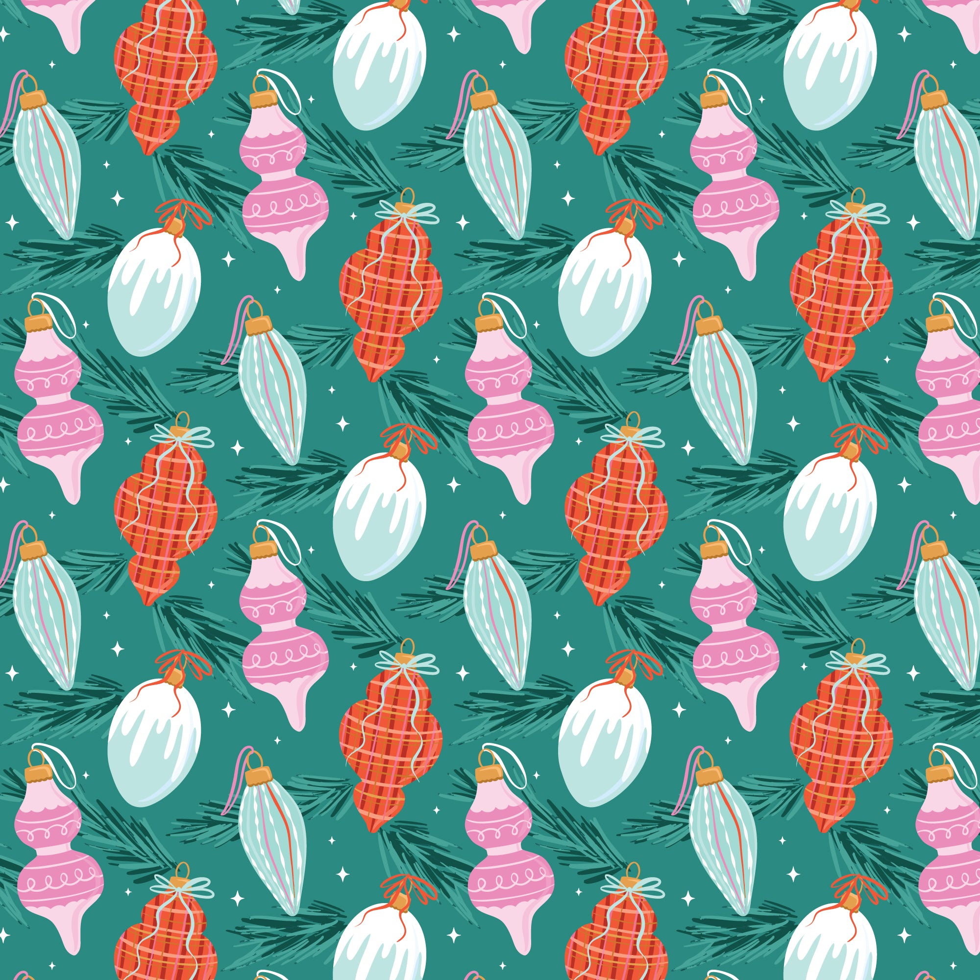 Pattern of colorful Christmas ornaments on a green background