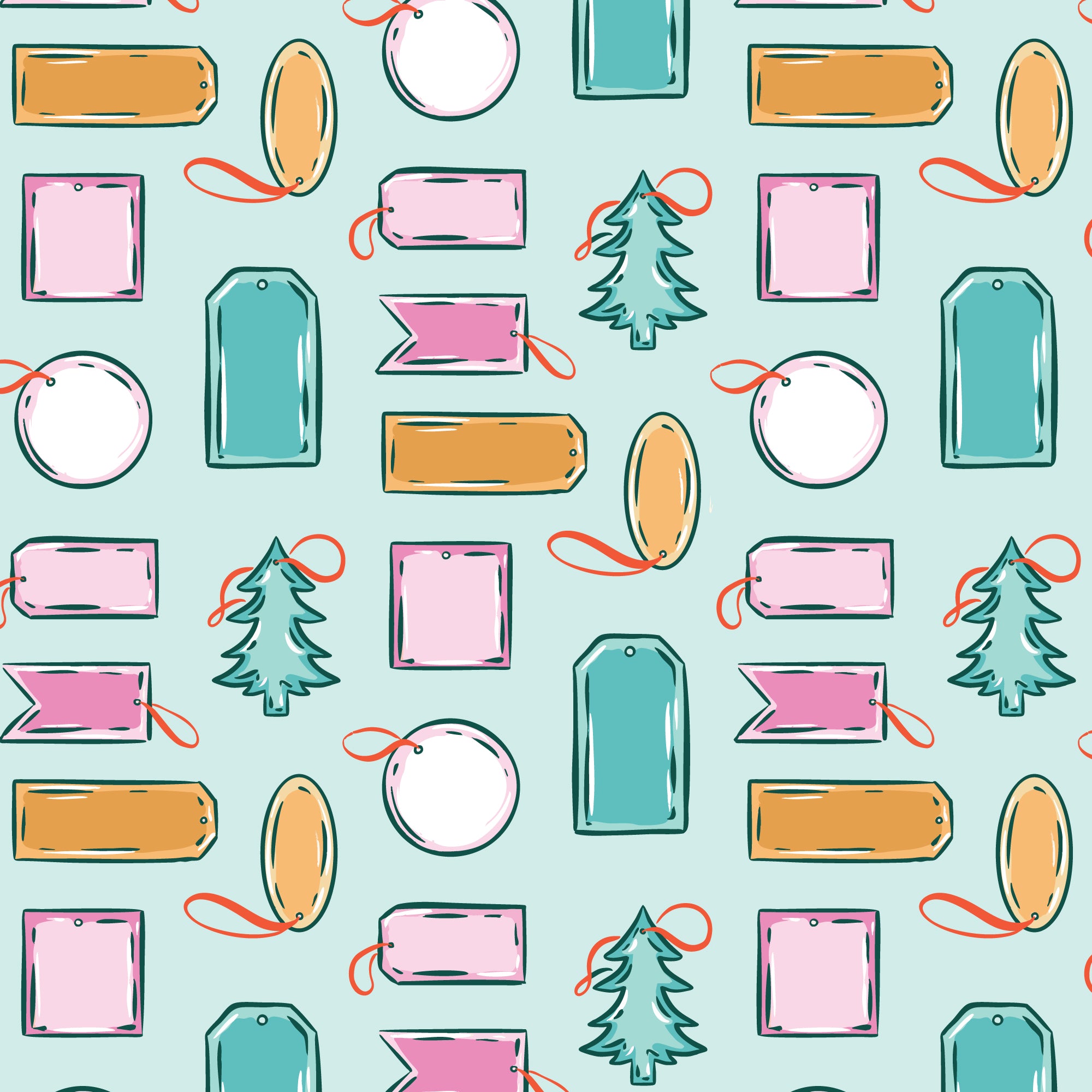 Colorful pattern of Christmas tags, trees, and ribbons on a light blue background
