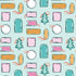 Colorful pattern of Christmas tags, trees, and ribbons on a light blue background