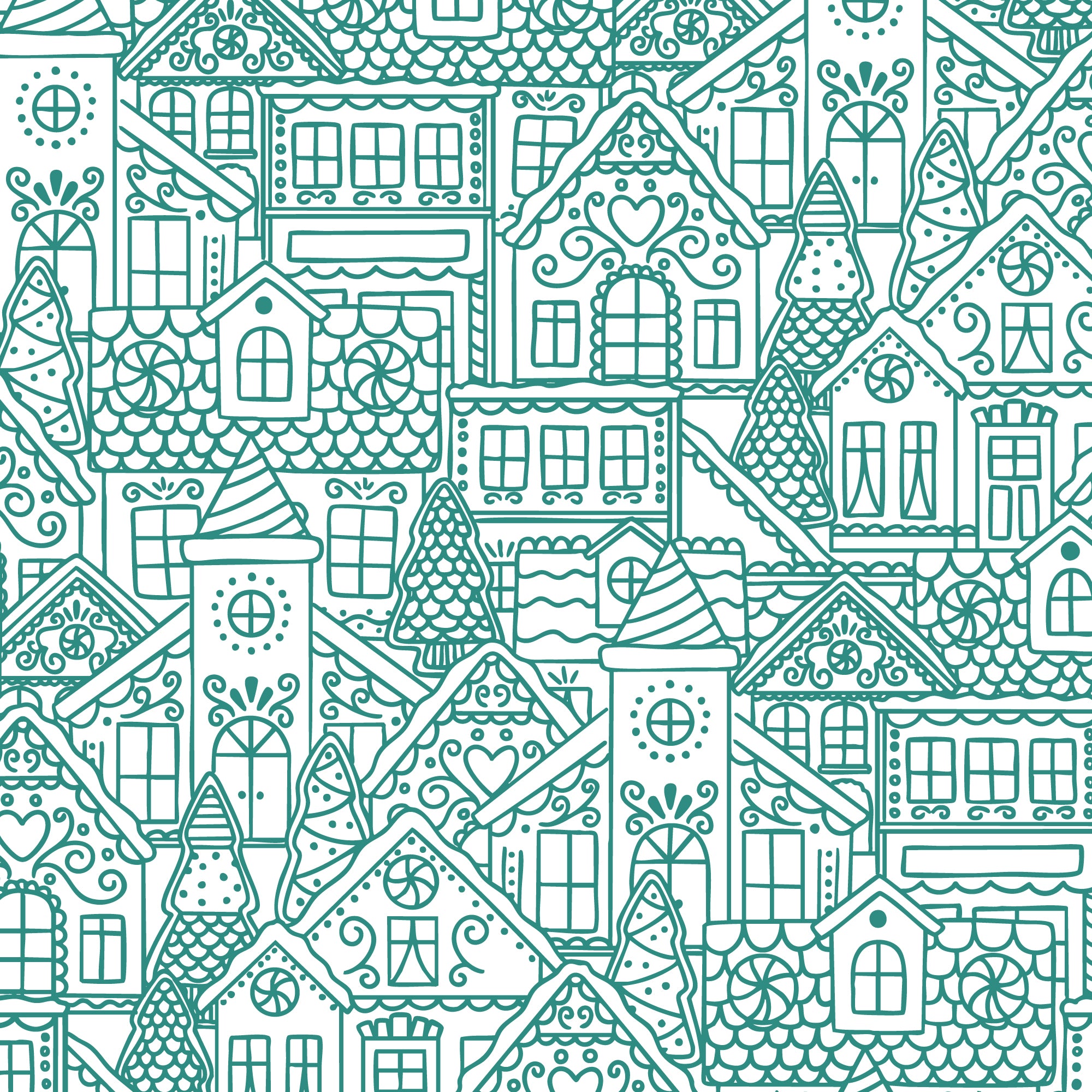 Pattern of decorative houses in teal on a white background