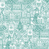 Pattern of decorative houses in teal on a white background