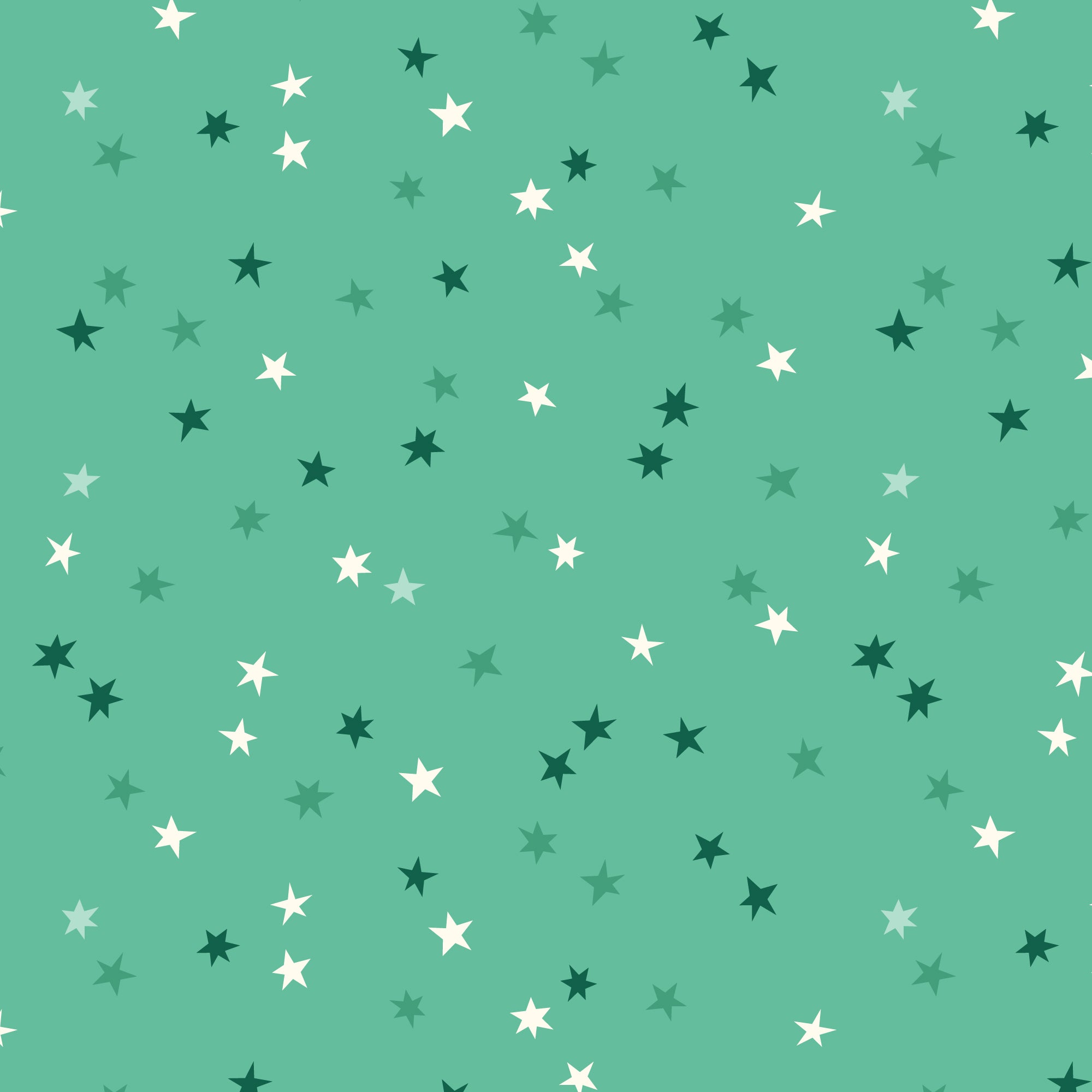 Fabric with green, white, and gray stars on a teal background