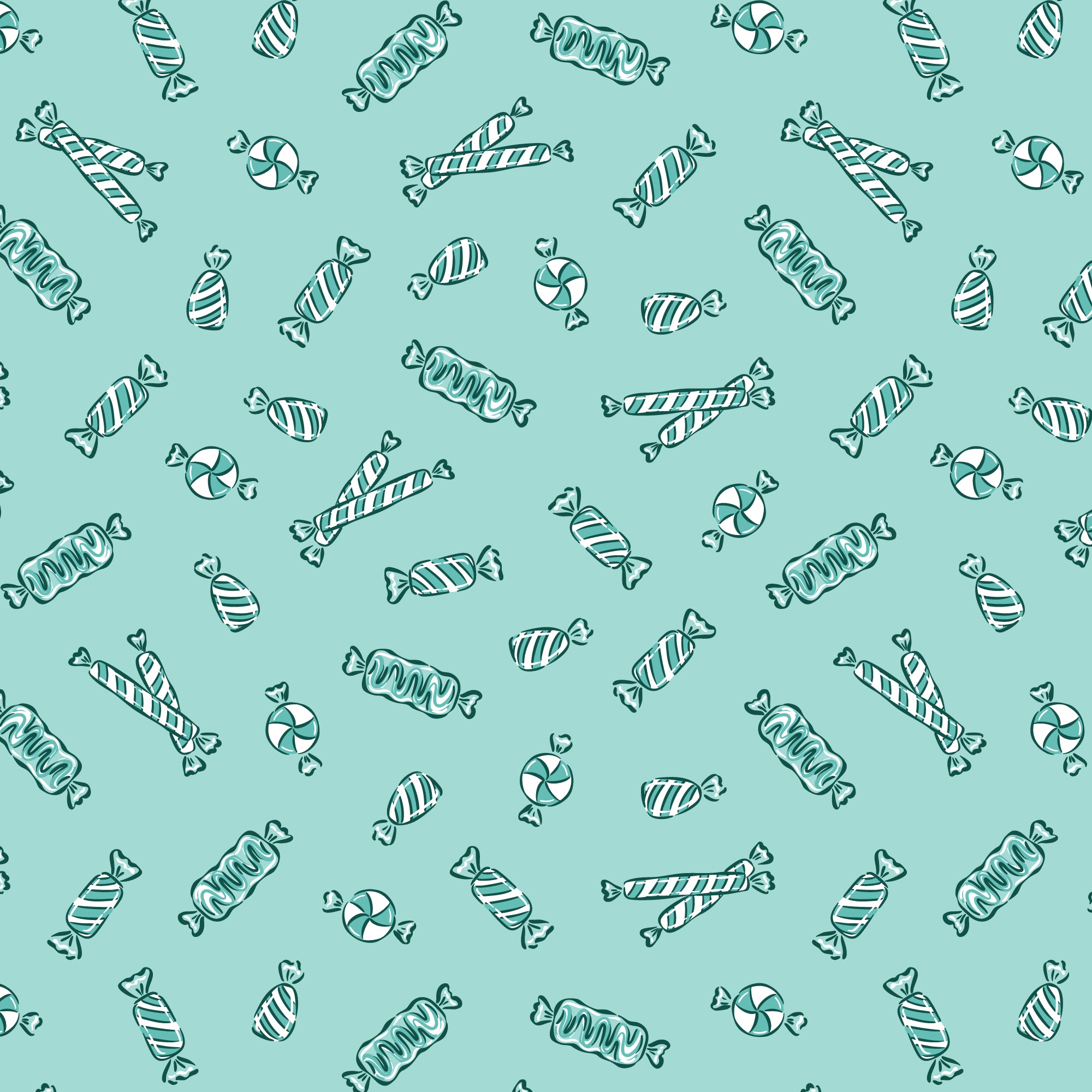 Pattern of candy illustrations on a teal background