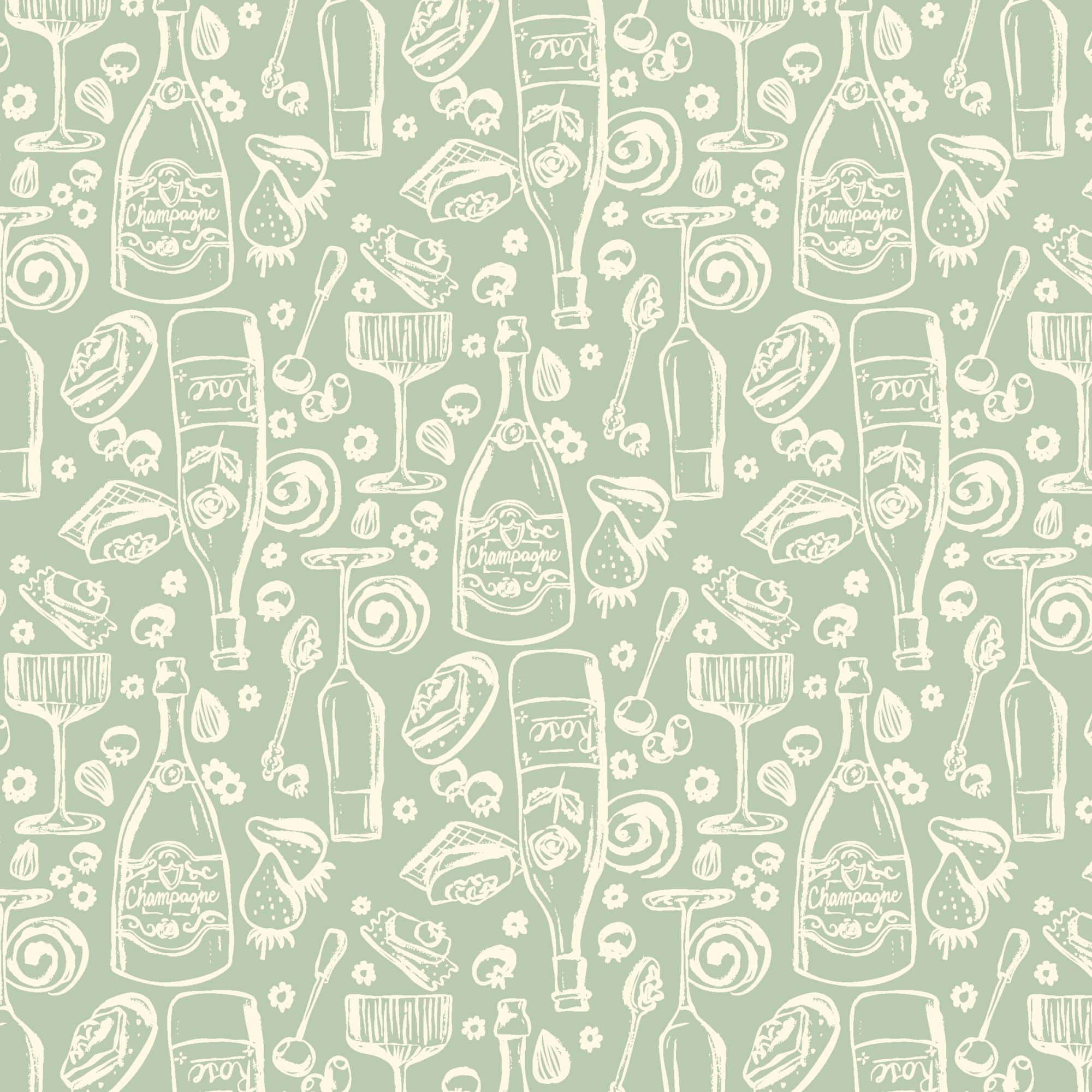 A repeating pattern of hand-drawn champagne bottles, champagne glasses, strawberries, cherries, and small flowers on a pale sage green background.