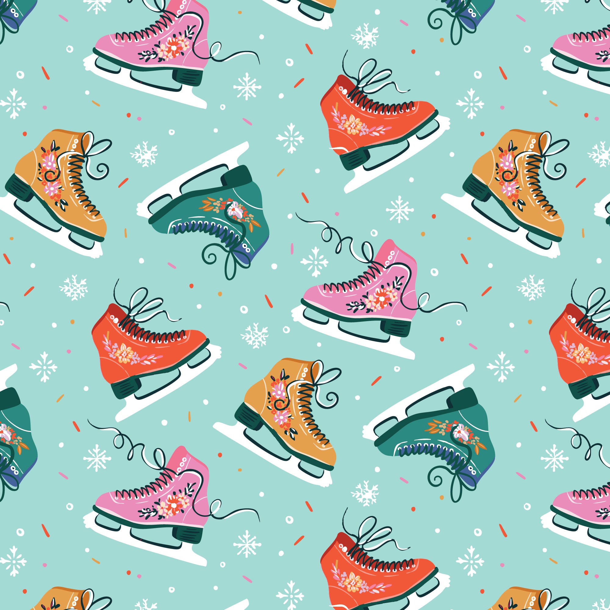 Pattern of colorful ice skates on a light blue background with snowflakes.