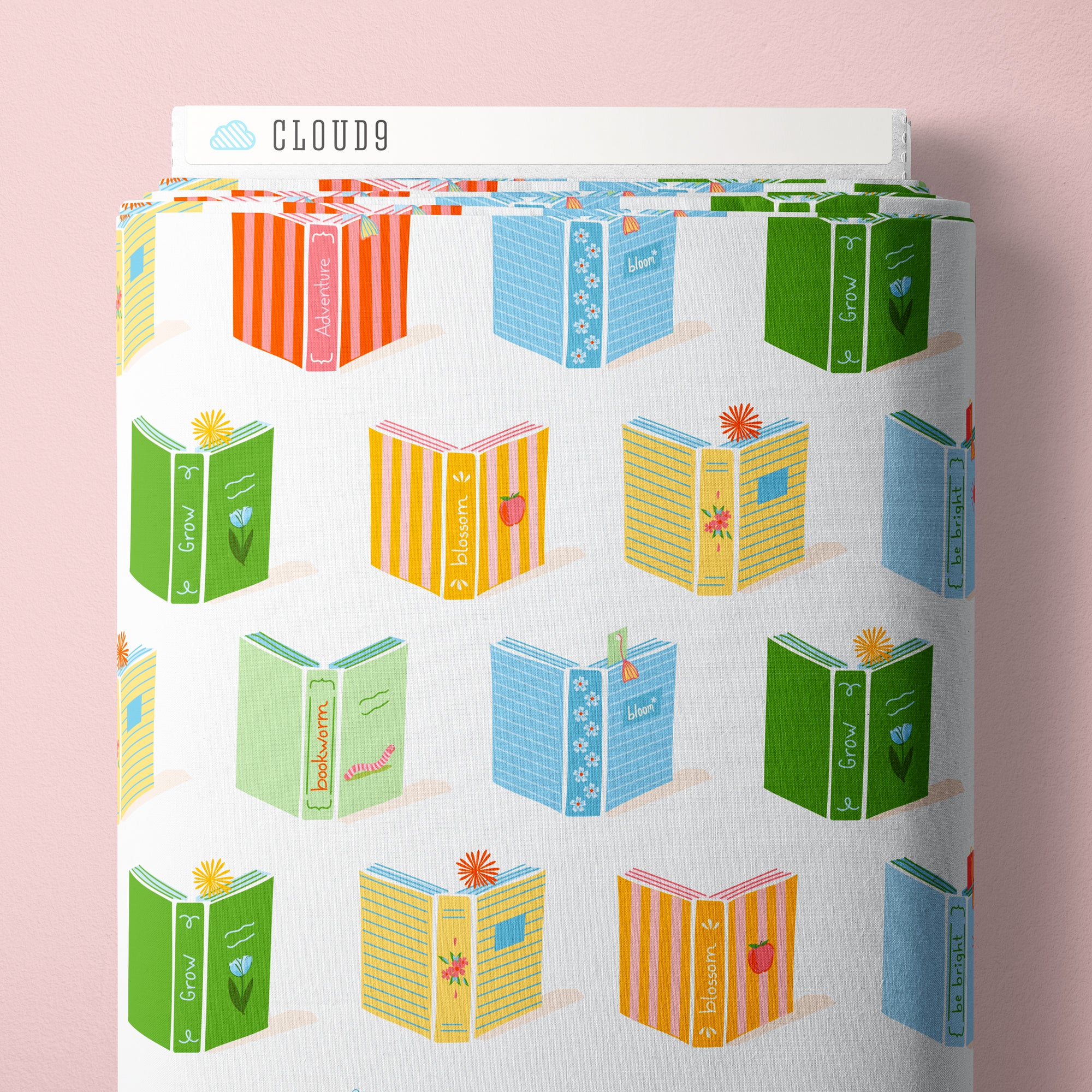 Fabric Cloud9 White/Multi Book Club Bookworm by the Quarter Yard 228945