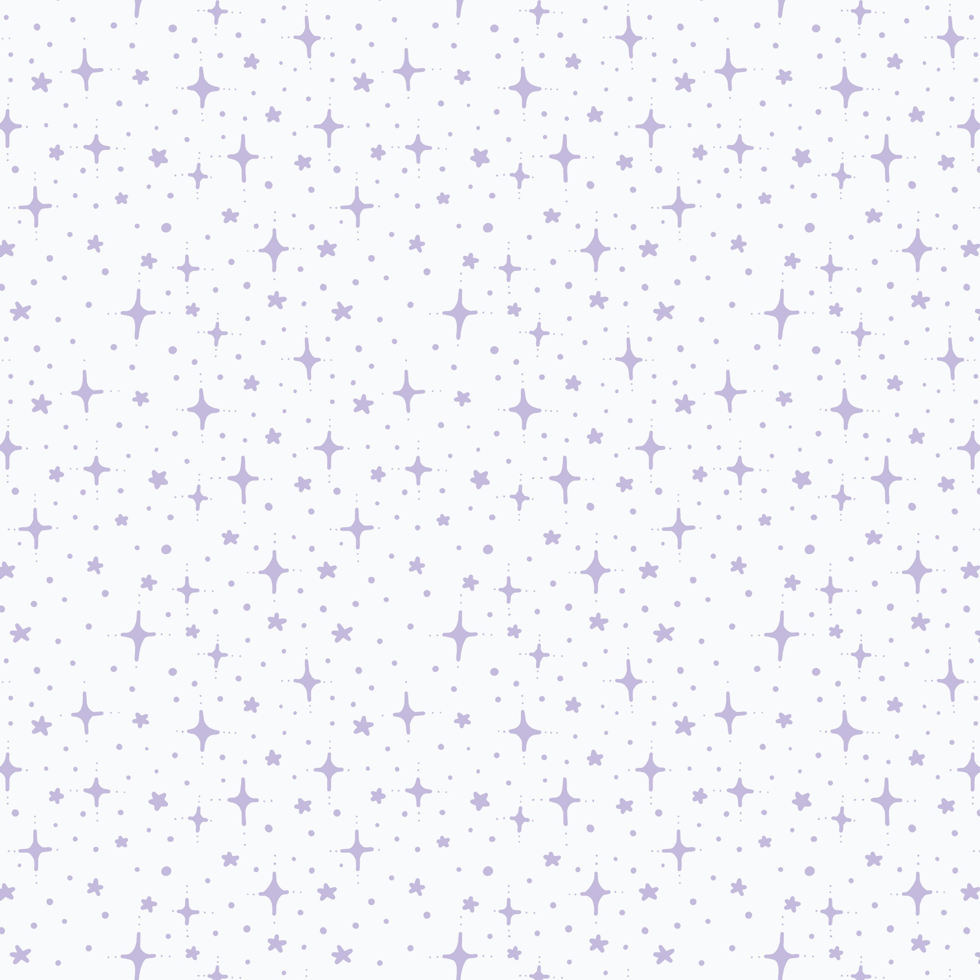 A repeating pattern of small lavender stars, sparkles, and dots on a white background.