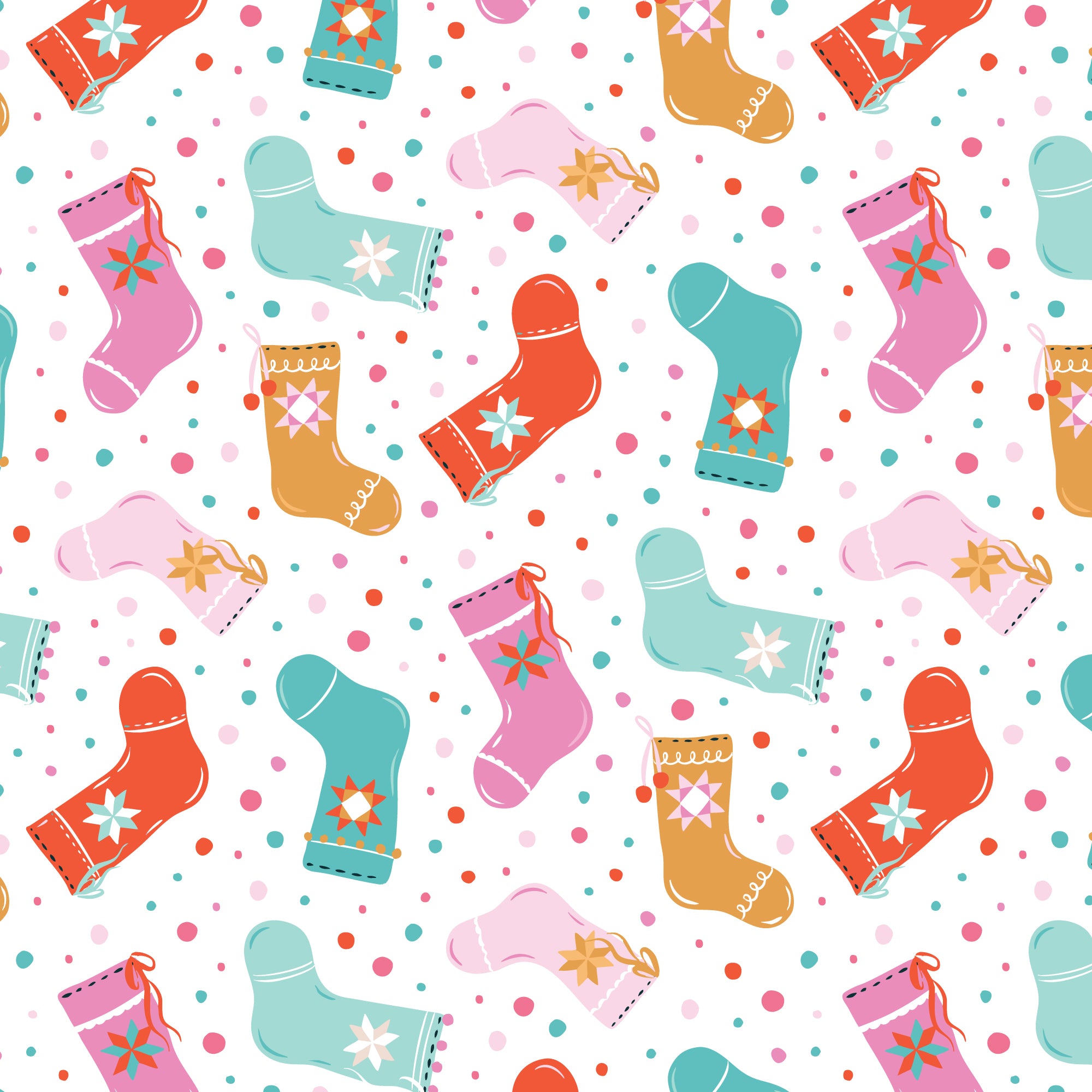 Pattern of colorful Christmas socks on a white background with red polka dots.