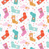 Pattern of colorful Christmas socks on a white background with red polka dots.