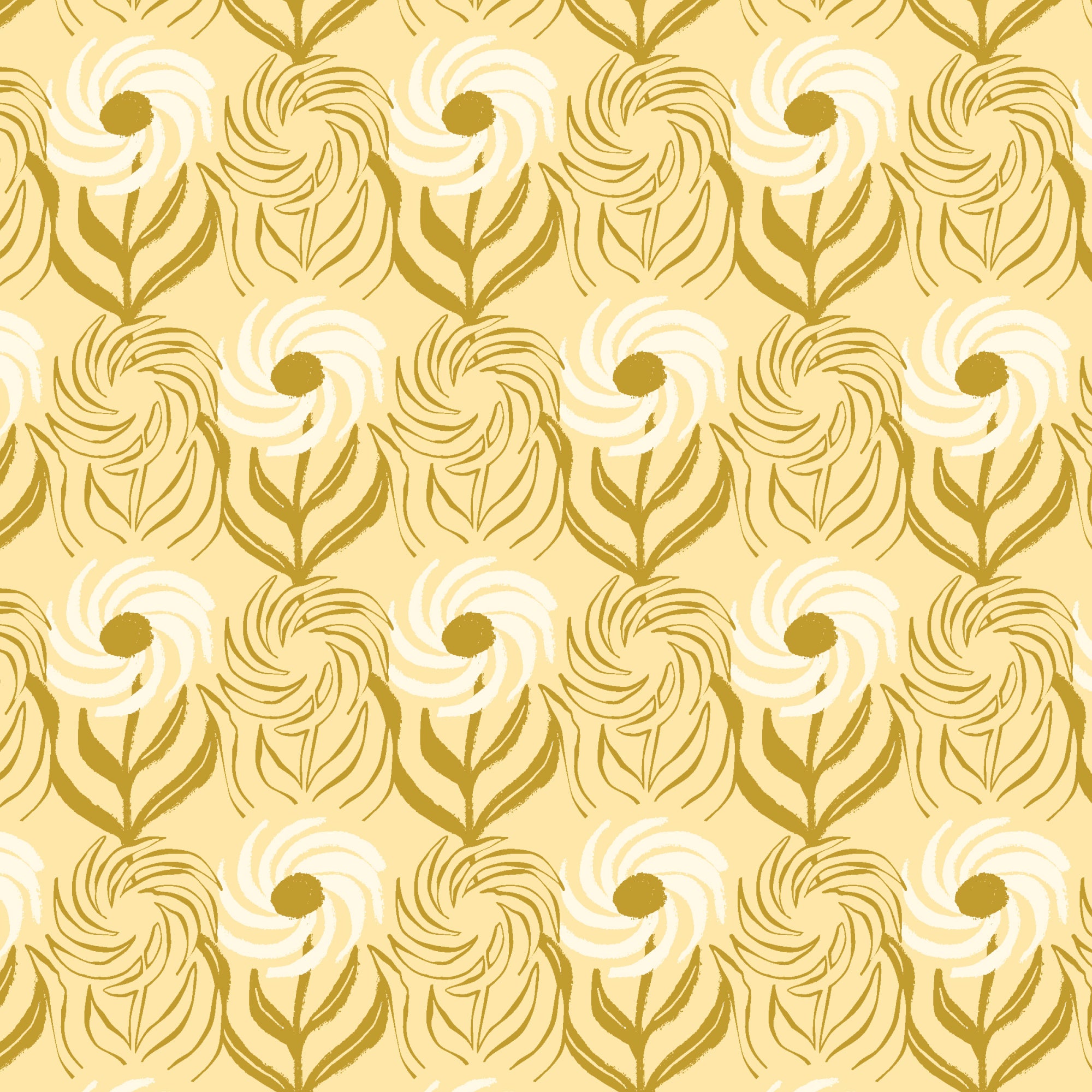 A repeating decorative pattern featuring stylized cream swirl motifs with olive-green stems on a pale yellow background.