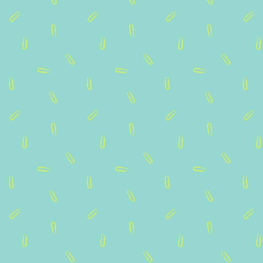 A repeating pattern of small yellow paperclip-like shapes scattered across a light aqua background.