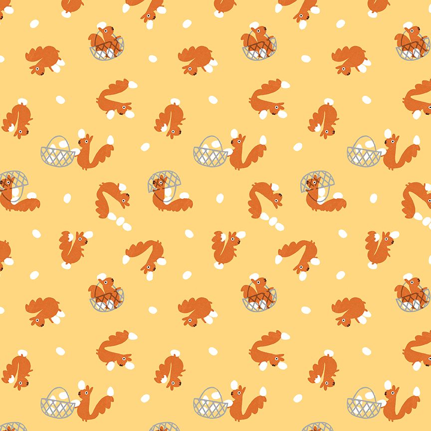 A repeating pattern featuring cartoon brown squirrels in baskets and walking, scattered across a warm yellow background with small white polka dots.