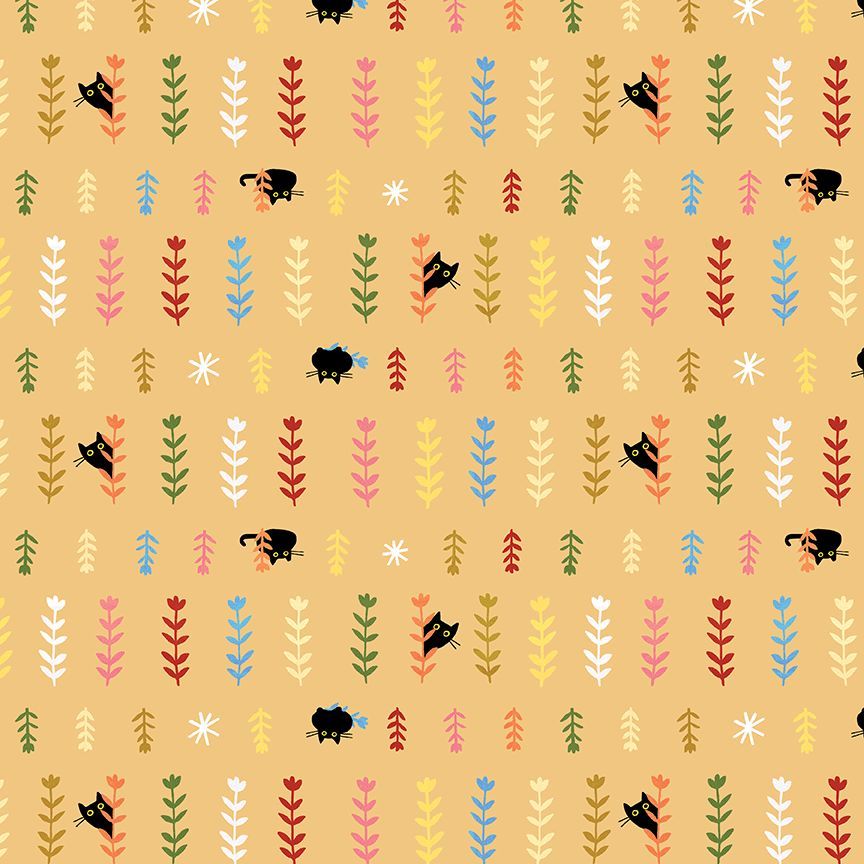A repeating pattern on a warm tan background featuring rows of small multicolored leaf motifs and scattered black cat silhouettes.