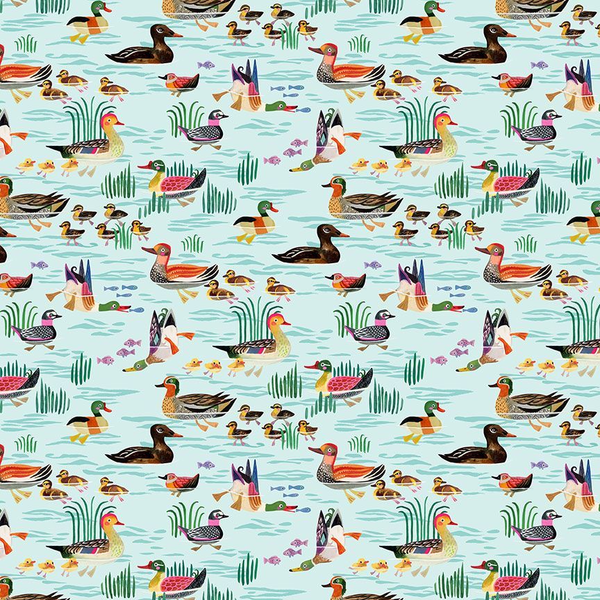 A repeating pattern of illustrated ducks, geese, and ducklings swimming in a light aqua pond with green reeds and small purple flowers.