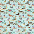 A repeating pattern of illustrated ducks, geese, and ducklings swimming in a light aqua pond with green reeds and small purple flowers.