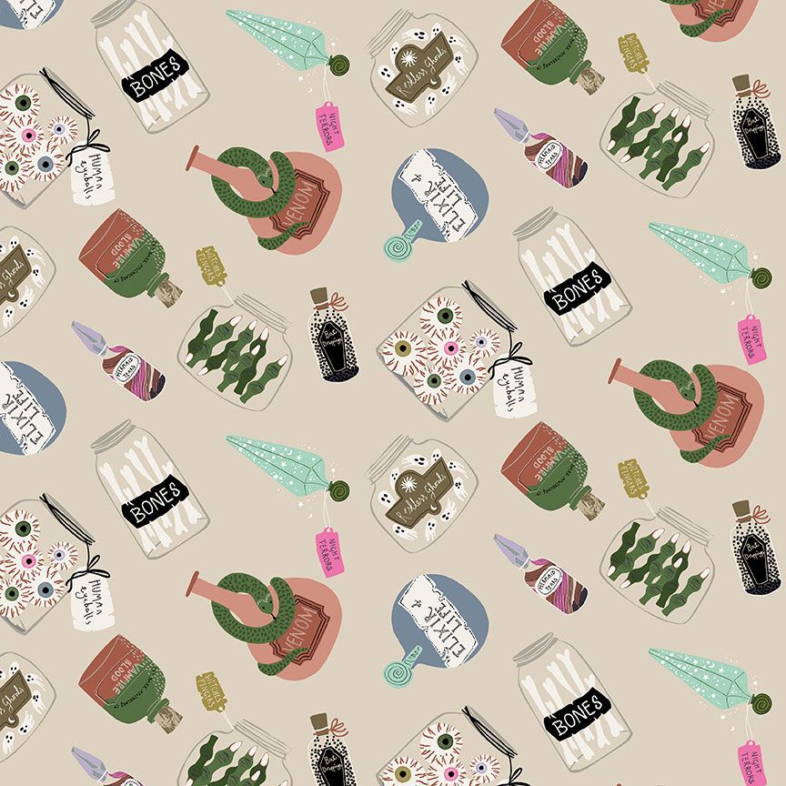 Fabric Dear Stella Designs Bone Hocus Pocus Love at First Bite by the Quarter Yard D3478