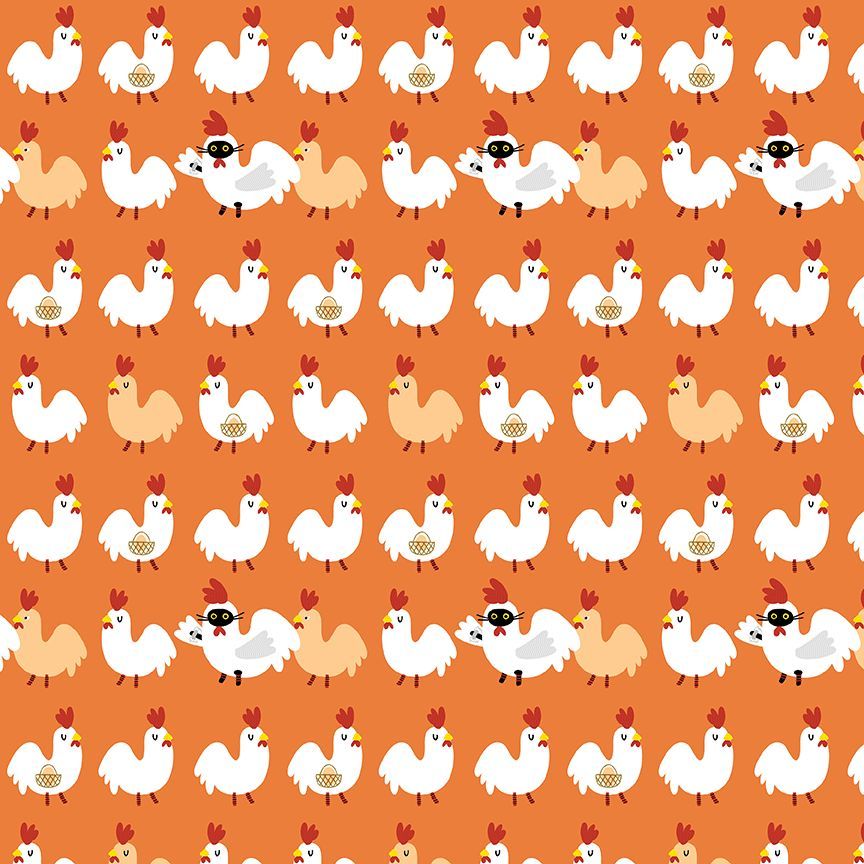 A repeating pattern of cartoon chickens on an orange background, including mostly white chickens, some light tan chickens, and a few black-and-white chickens.