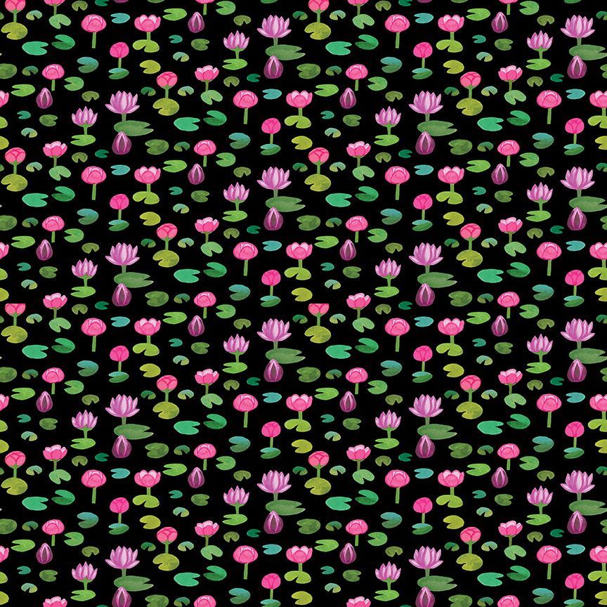 A repeating watercolor-style pattern of pink lotus flowers and green lily pads on a solid black background.