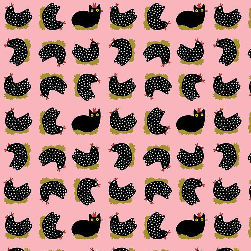 A repeating pattern of stylized black chickens with white polka dots, red beaks and wattles, and yellow eyes on a light pink background.