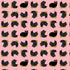 A repeating pattern of stylized black chickens with white polka dots, red beaks and wattles, and yellow eyes on a light pink background.