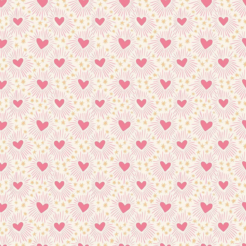 Pattern of pink hearts and small yellow stars on a light pink background