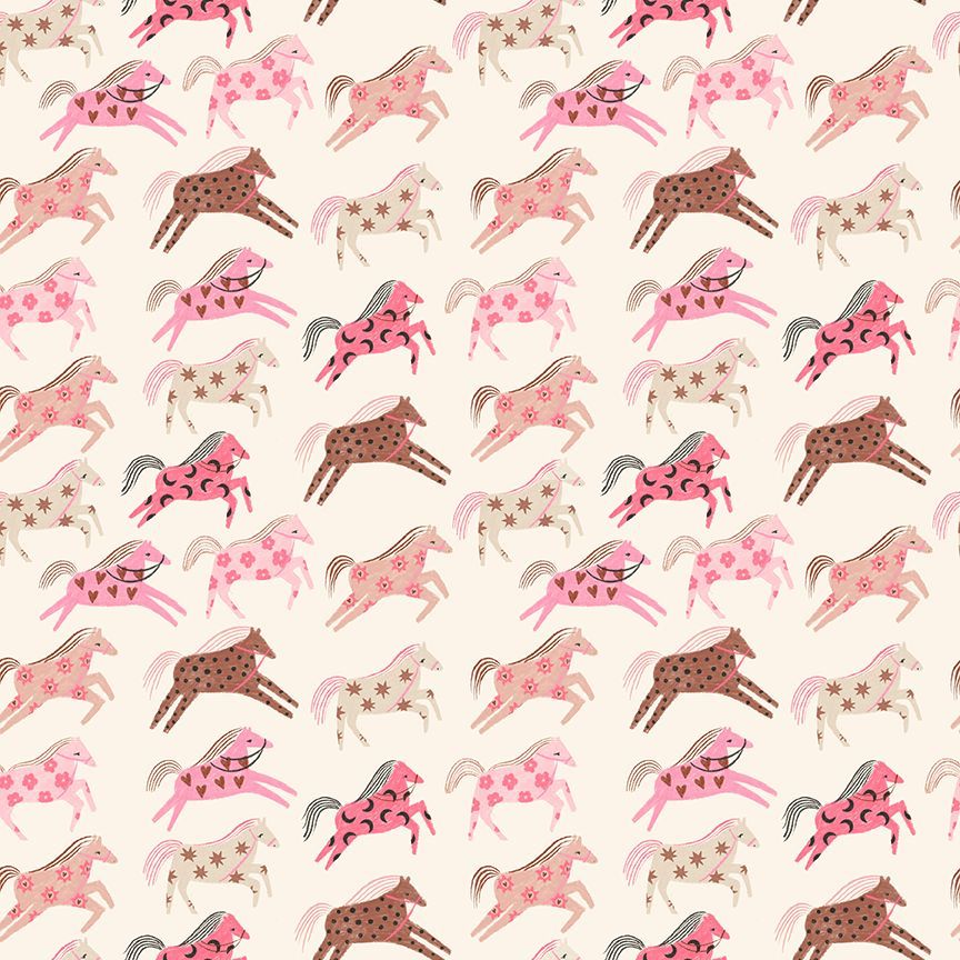 Pattern of pink and brown horses on a light background