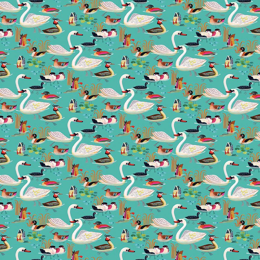 A repeating pattern of white swans and colorful ducks on a turquoise water background with reeds and lily pads.