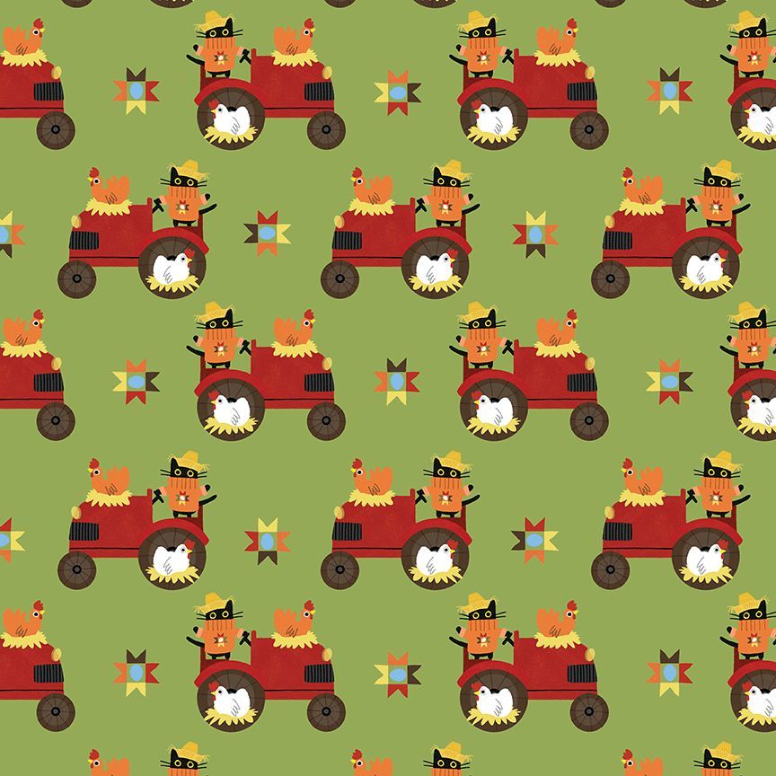 A repeating fabric pattern on a muted olive green background, featuring red tractors with orange chickens, white chickens, and small multicolored starbursts.