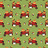 A repeating fabric pattern on a muted olive green background, featuring red tractors with orange chickens, white chickens, and small multicolored starbursts.