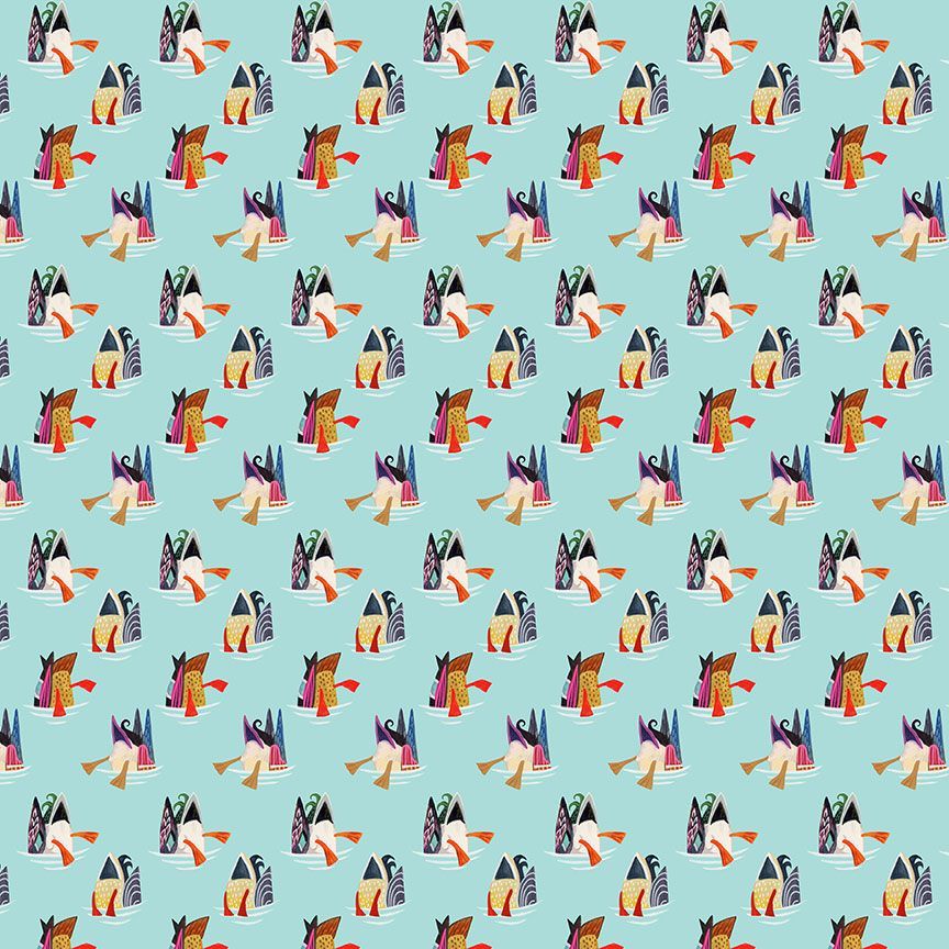 A repeating pattern of stylized ducks on a light aqua background.