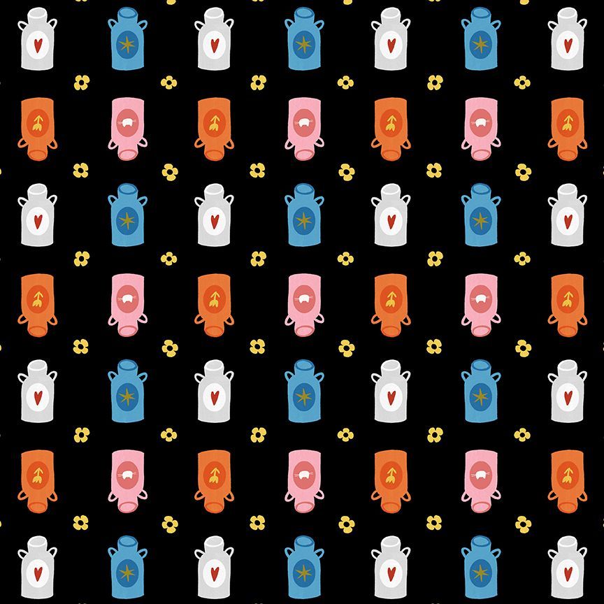 A repeating pattern of cartoon hot water bottles in orange, pink, blue, and white, interspersed with small yellow flowers, on a black background.