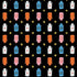 A repeating pattern of cartoon hot water bottles in orange, pink, blue, and white, interspersed with small yellow flowers, on a black background.