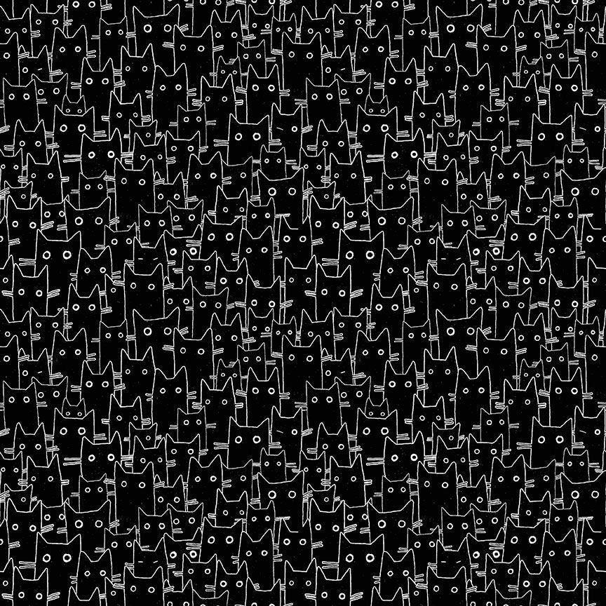 Pattern of white cat outlines on a black background