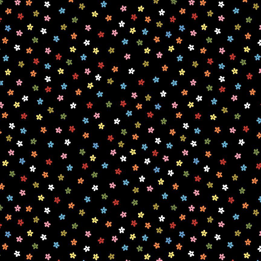 A repeating pattern of small multicolored flower-like motifs on a solid black background.