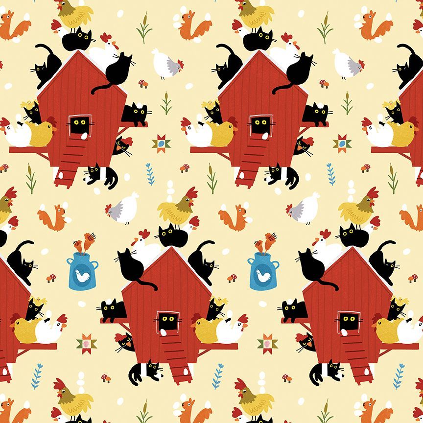 A repeating whimsical pattern featuring red barns with black cats perched on them, alongside chickens, roosters, squirrels, flowers, and small blue jars on a pale yellow background.
