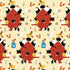 A repeating whimsical pattern featuring red barns with black cats perched on them, alongside chickens, roosters, squirrels, flowers, and small blue jars on a pale yellow background.