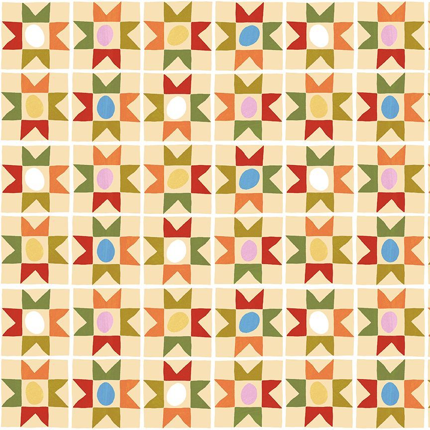 A repeating geometric pattern of stylized stars and diamonds in warm tones including red, orange, olive green, mustard yellow, pink, blue, and cream on a beige background.
