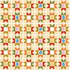 A repeating geometric pattern of stylized stars and diamonds in warm tones including red, orange, olive green, mustard yellow, pink, blue, and cream on a beige background.