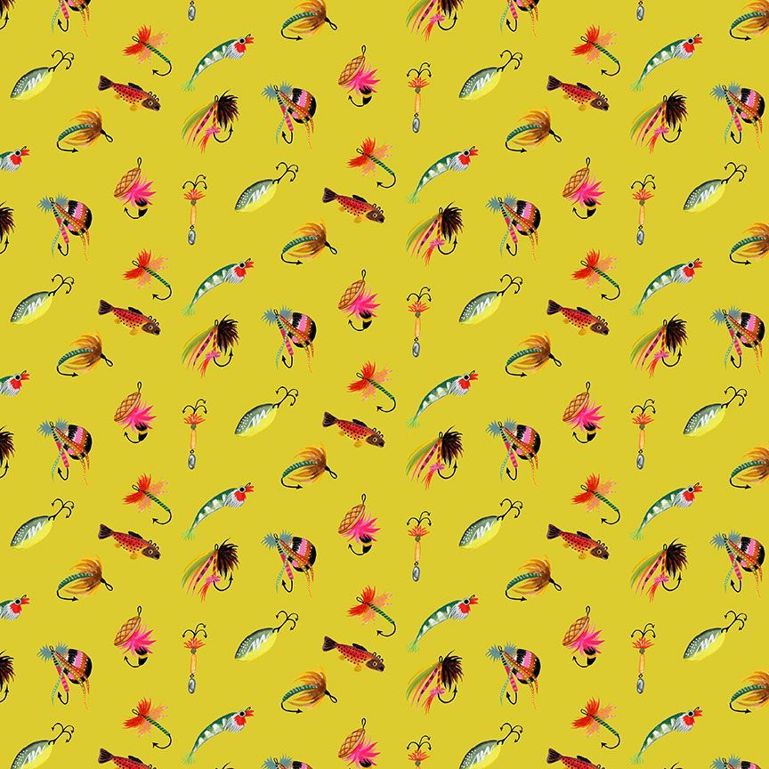 A repeating pattern of colorful fishing lures and hooks on a bright yellow background.