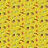 A repeating pattern of colorful fishing lures and hooks on a bright yellow background.