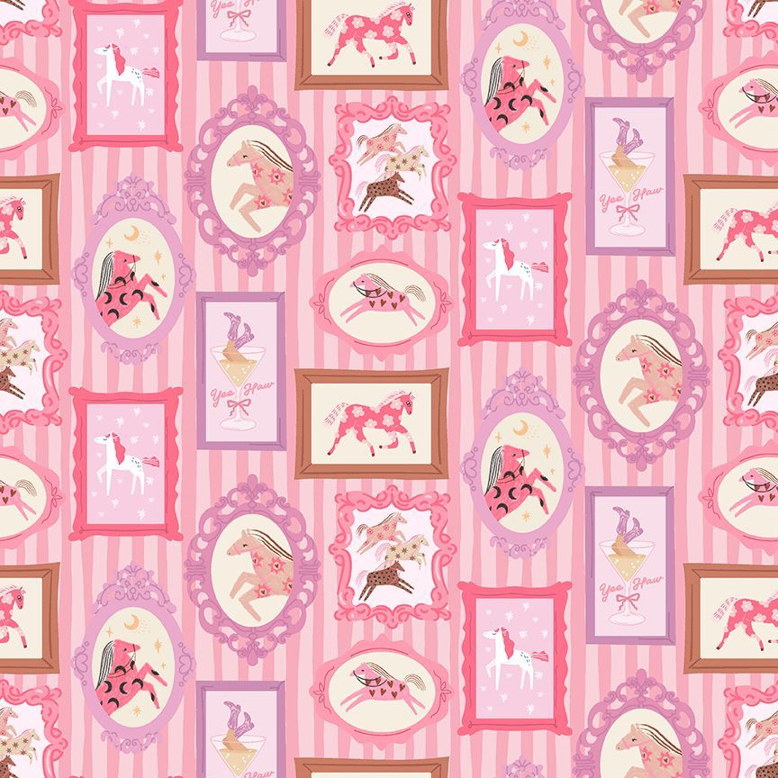 Patterned fabric with framed illustrations of horses on a pink background
