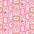 Patterned fabric with framed illustrations of horses on a pink background