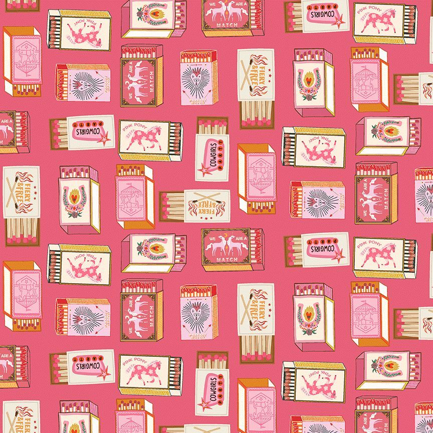 Pattern of matchboxes with illustrations on a pink background