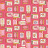 Pattern of matchboxes with illustrations on a pink background