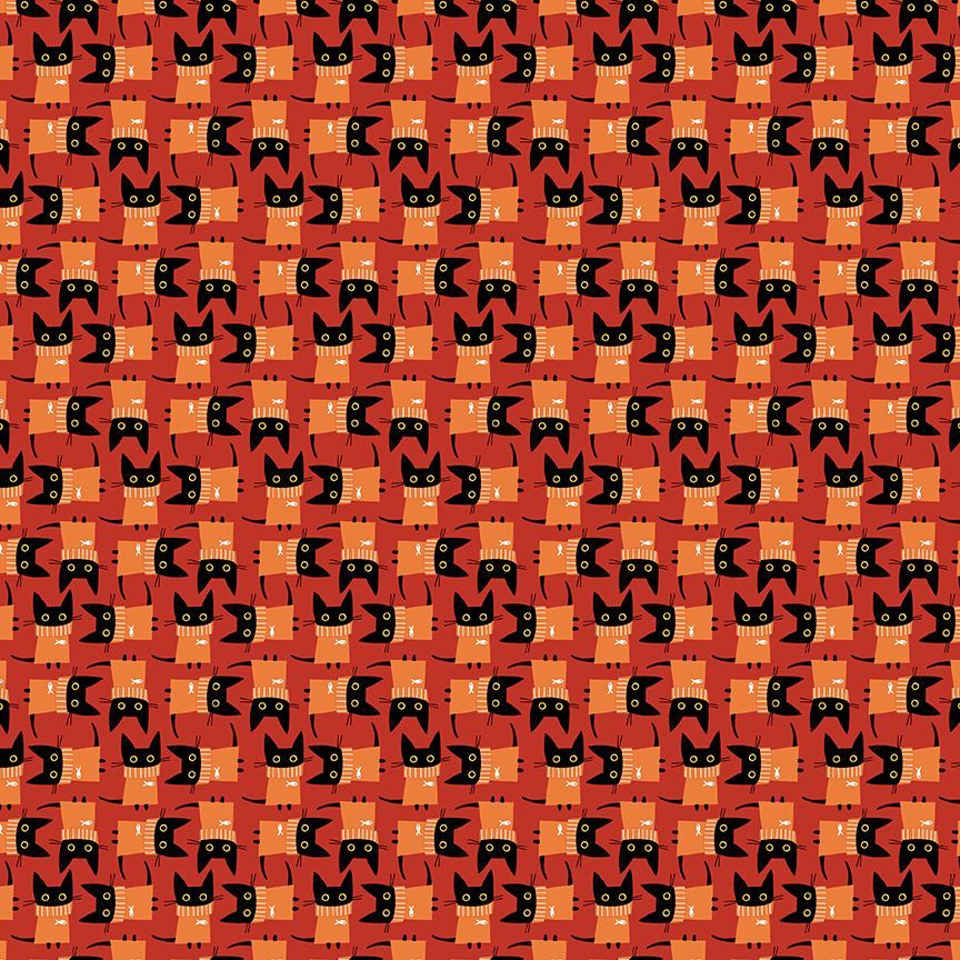 A repeating pattern of stylized cat faces in orange, black, and white on a warm red-orange background.
