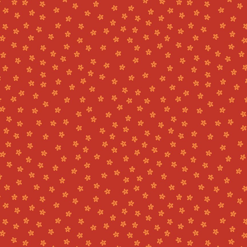 A repeating pattern of small yellow-orange flower motifs on a warm red-orange background.